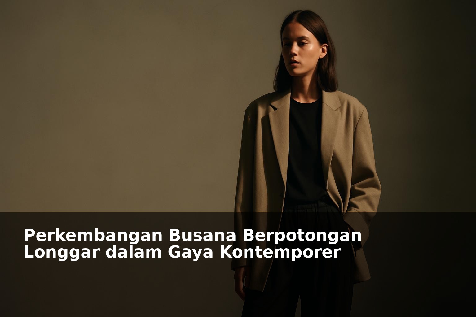 Model mengenakan busana berpotongan longgar dengan latar belakang minimalis modern