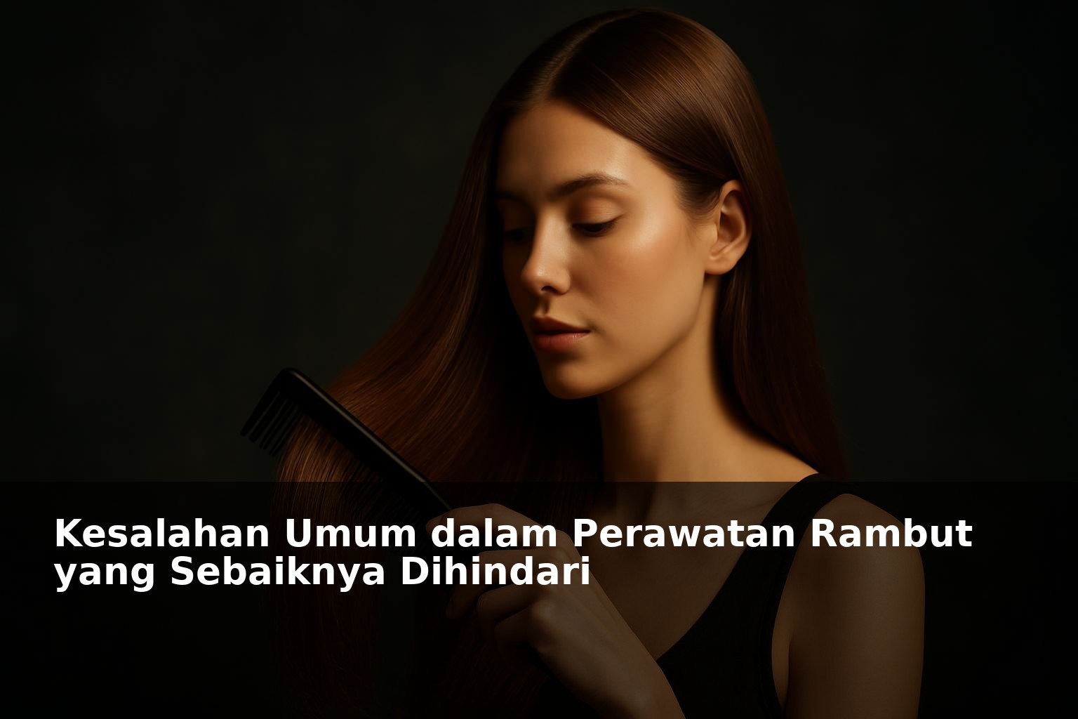 Seorang wanita dengan rambut sehat memegang sisir di tengah latar belakang minimalis