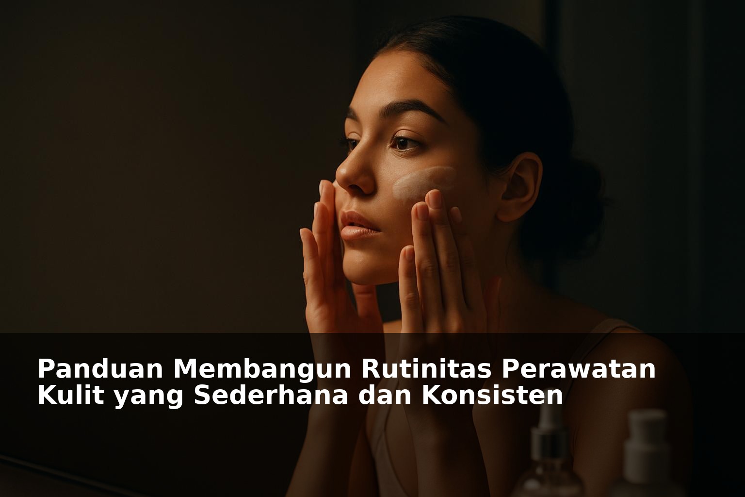 Wanita dengan kulit sehat melakukan rutinitas perawatan kulit di depan cermin