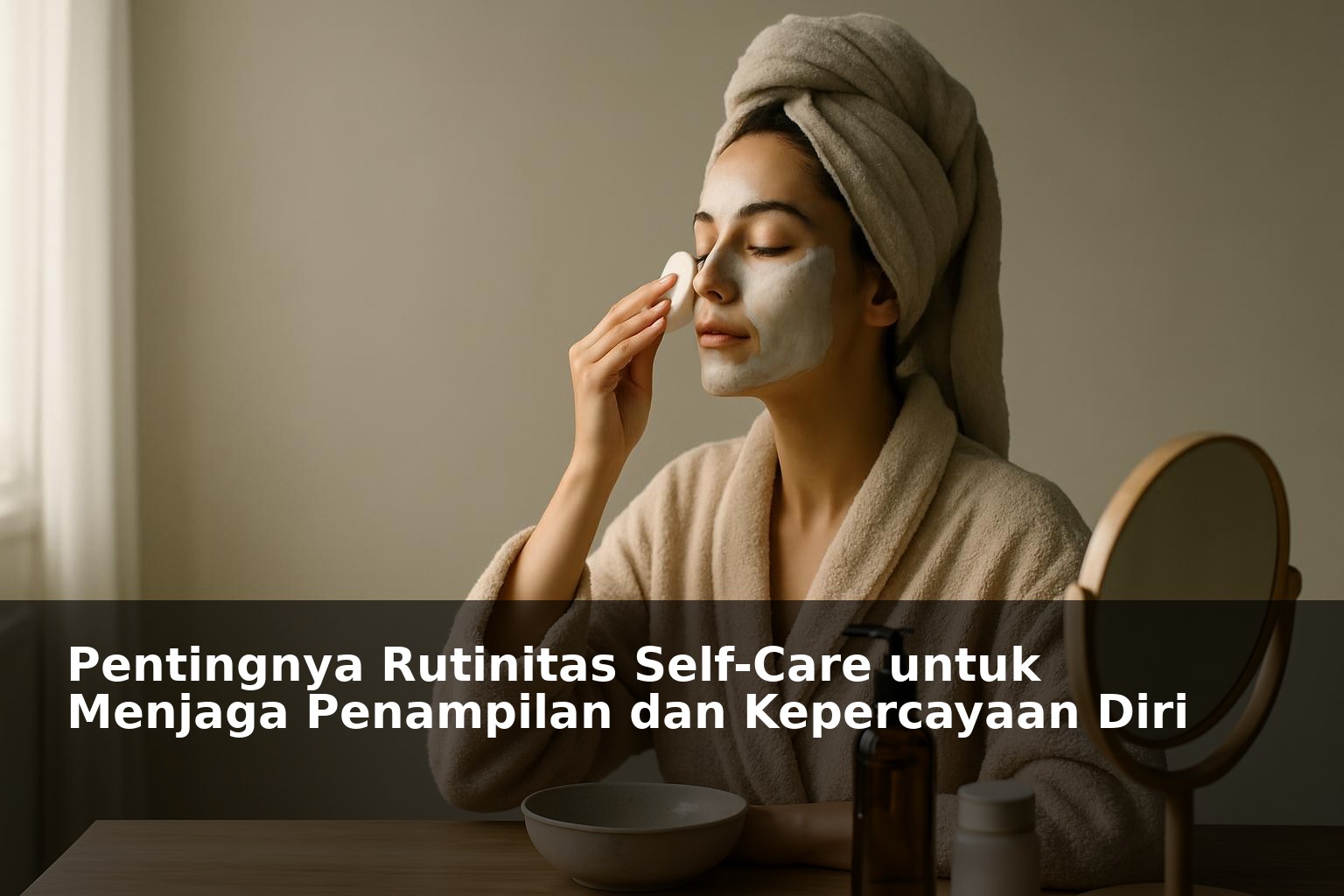 Wanita melakukan rutinitas self-care dengan wajah bersih dan rileks