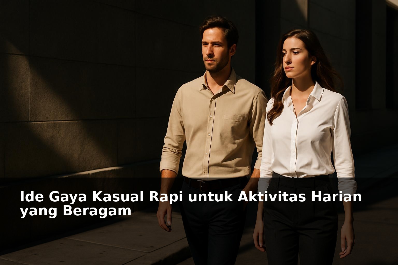 Seorang pria dan wanita mengenakan pakaian kasual rapi di kota dengan latar belakang minimalis
