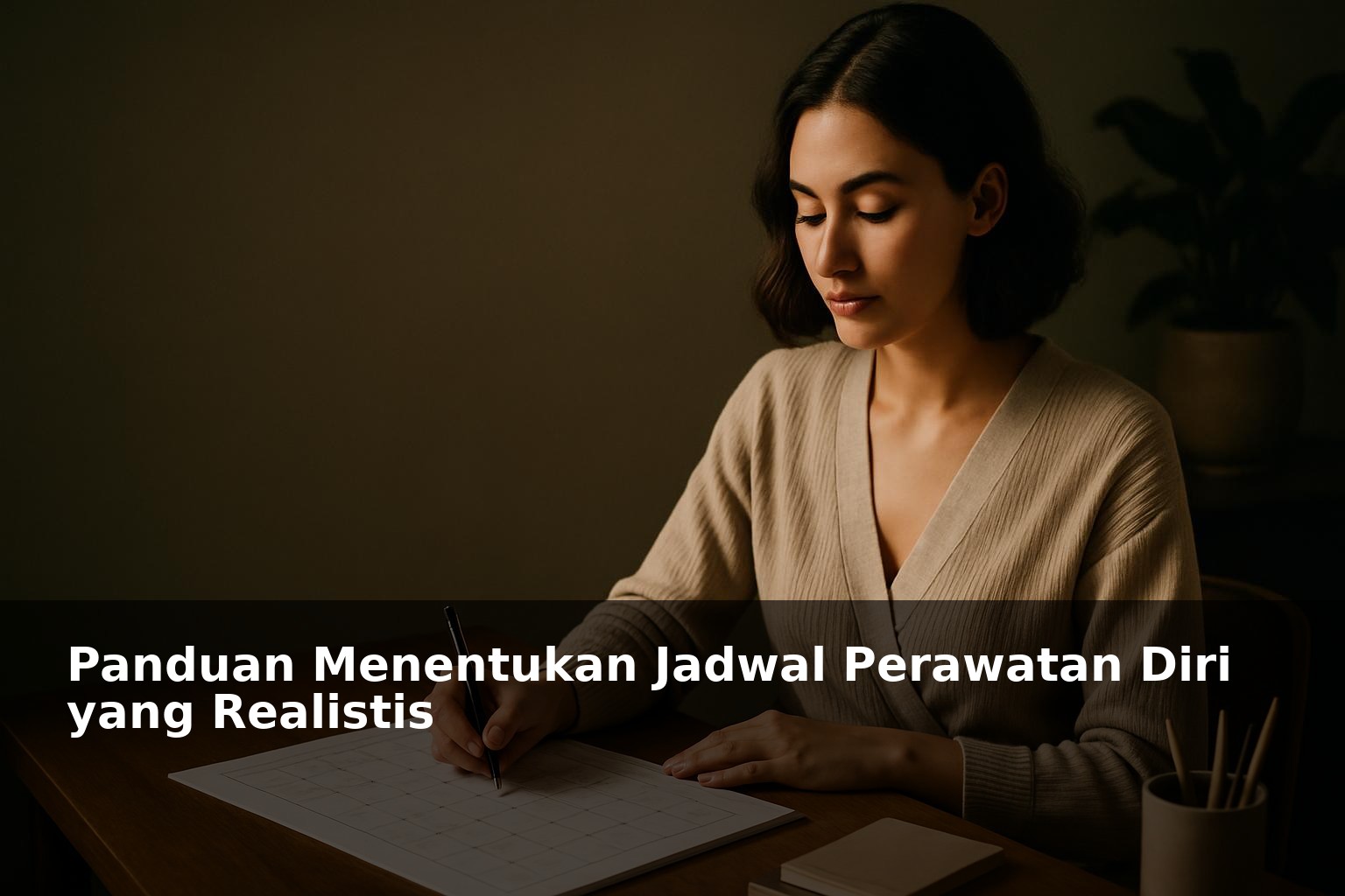 Ilustrasi seseorang menyusun jadwal perawatan diri di meja kerja dengan suasana tenang