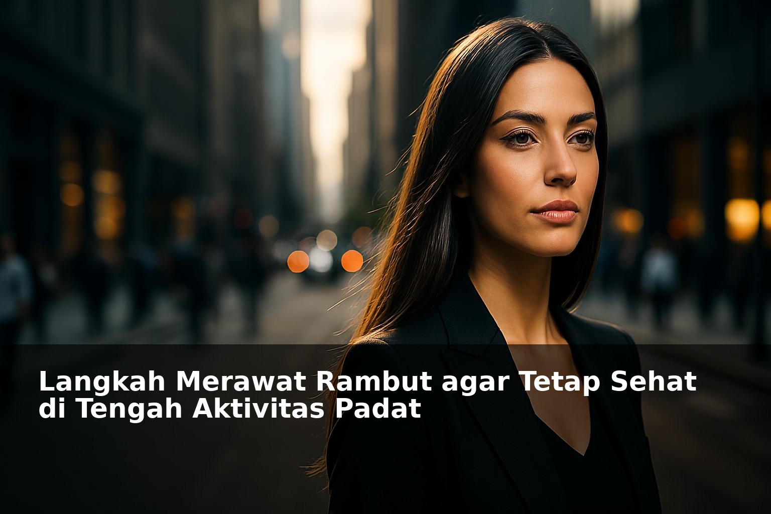 Ilustrasi wanita dengan rambut sehat dan berkilau di tengah aktivitas padat